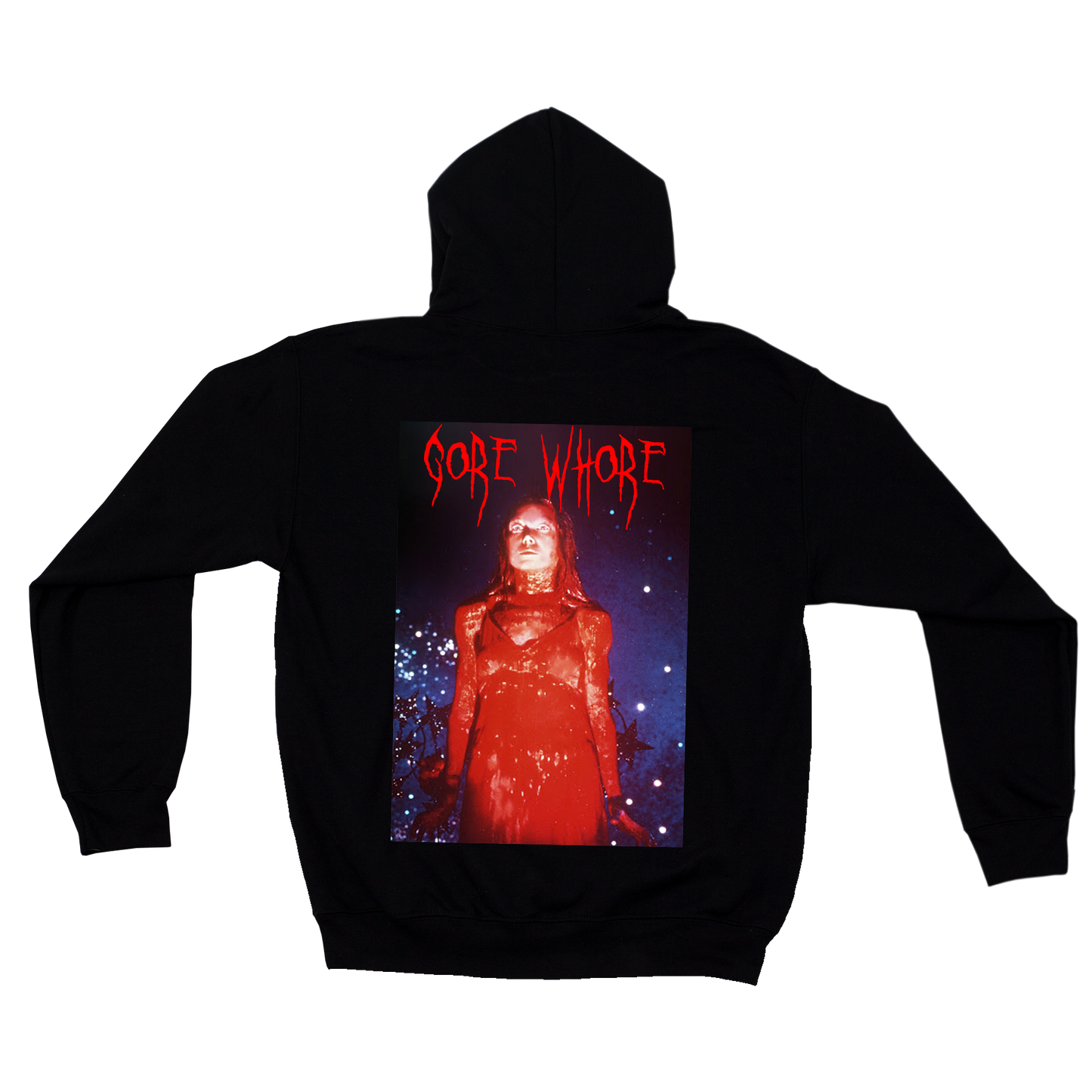 Black horror theme hoodie with graphic design on the back featuring movie carrie