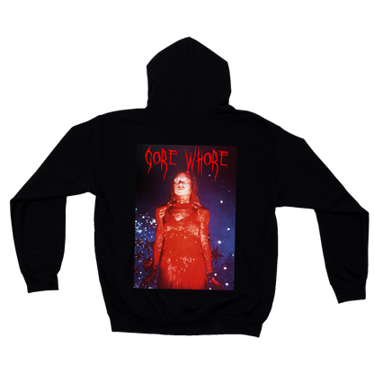 Black horror theme hoodie with graphic design on the back featuring movie carrie