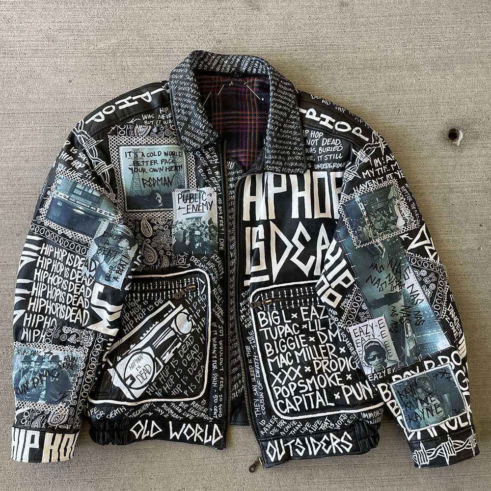 Hip hop leather coat with hand painted lettering. Customize any coat to your liking.