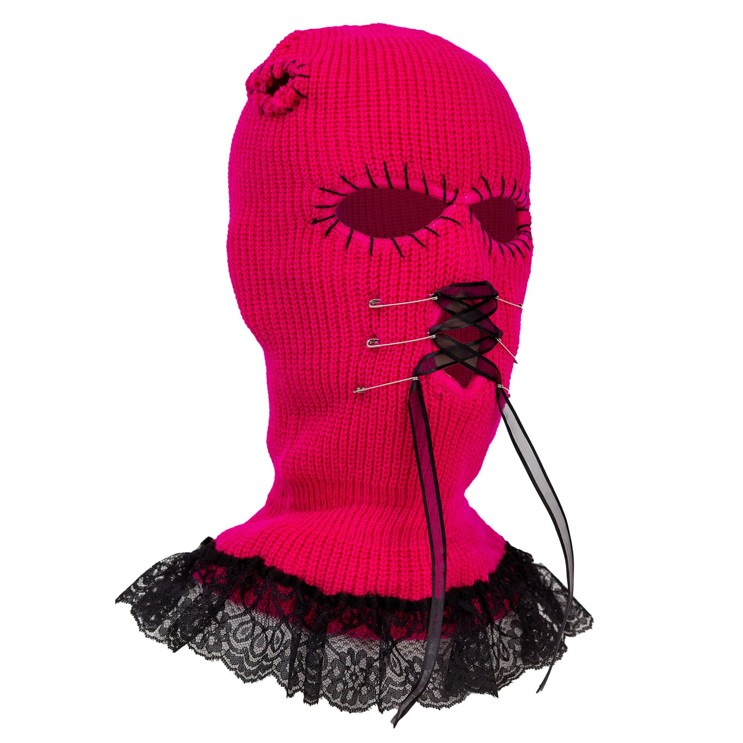 Pink knitted balaclava with black lace trim on a white background
