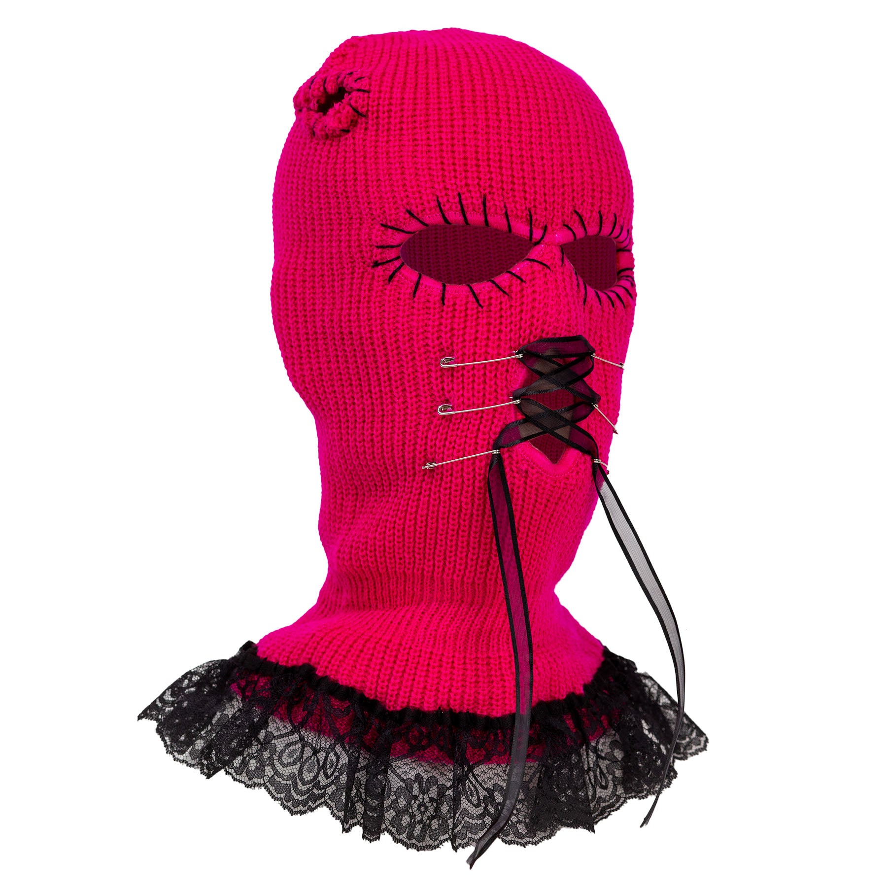 Pink knitted balaclava with black lace trim on a white background