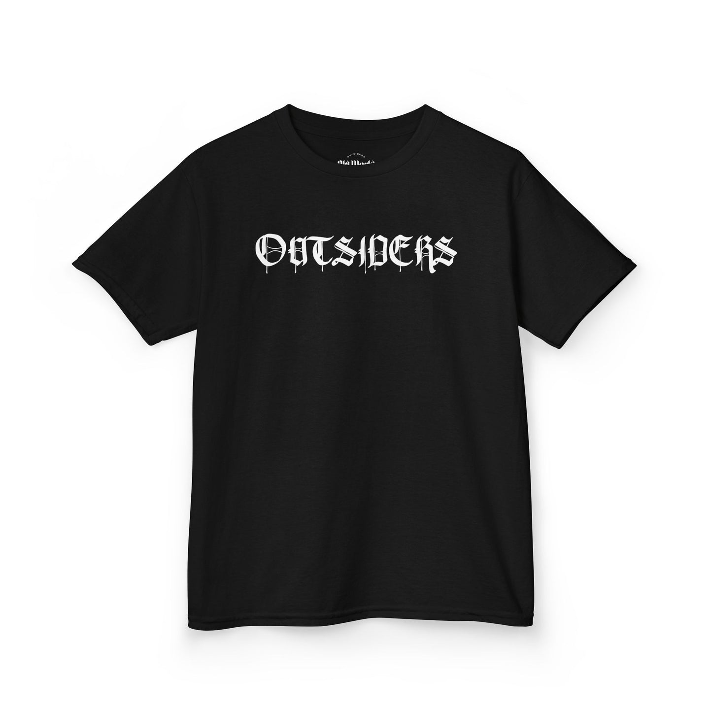 Black t-shirt with 'OUTSIDERS' text on a white background