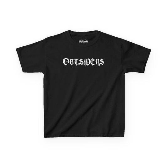 Black t-shirt with 'OUTSIDERS' text on a white background