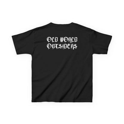 Black t-shirt with 'Old World Outsiders' text on a white background
