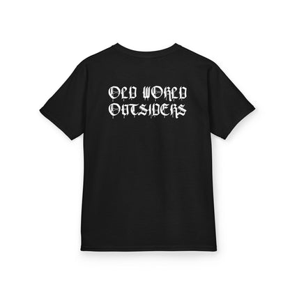 Black t-shirt with 'Old World Outsiders' text on a white background