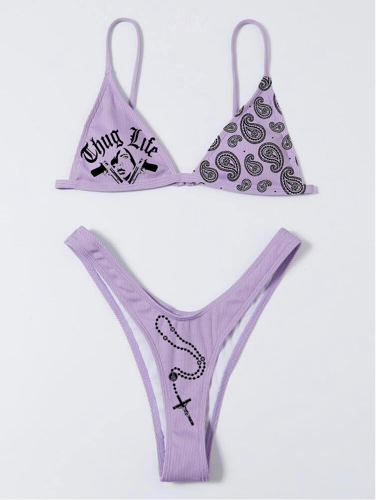 Purple bikini set with text and pattern on a white background