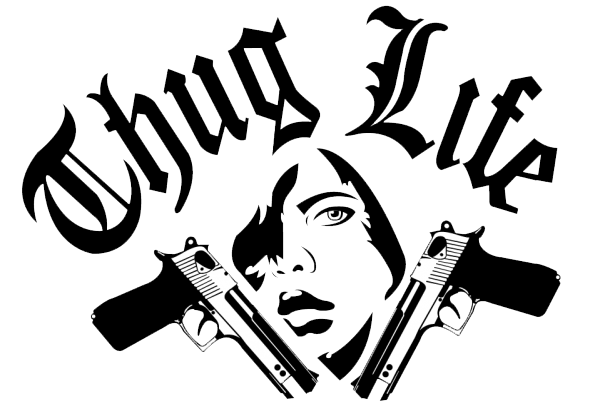 Stylized graphic with a face and two guns, featuring the text 'Thug Life' in a decorative font.
