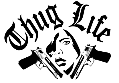 Stylized graphic with a face and two guns, featuring the text 'Thug Life' in a decorative font.