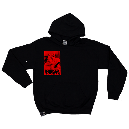 Black hoodie with a red graphic and text on a white background