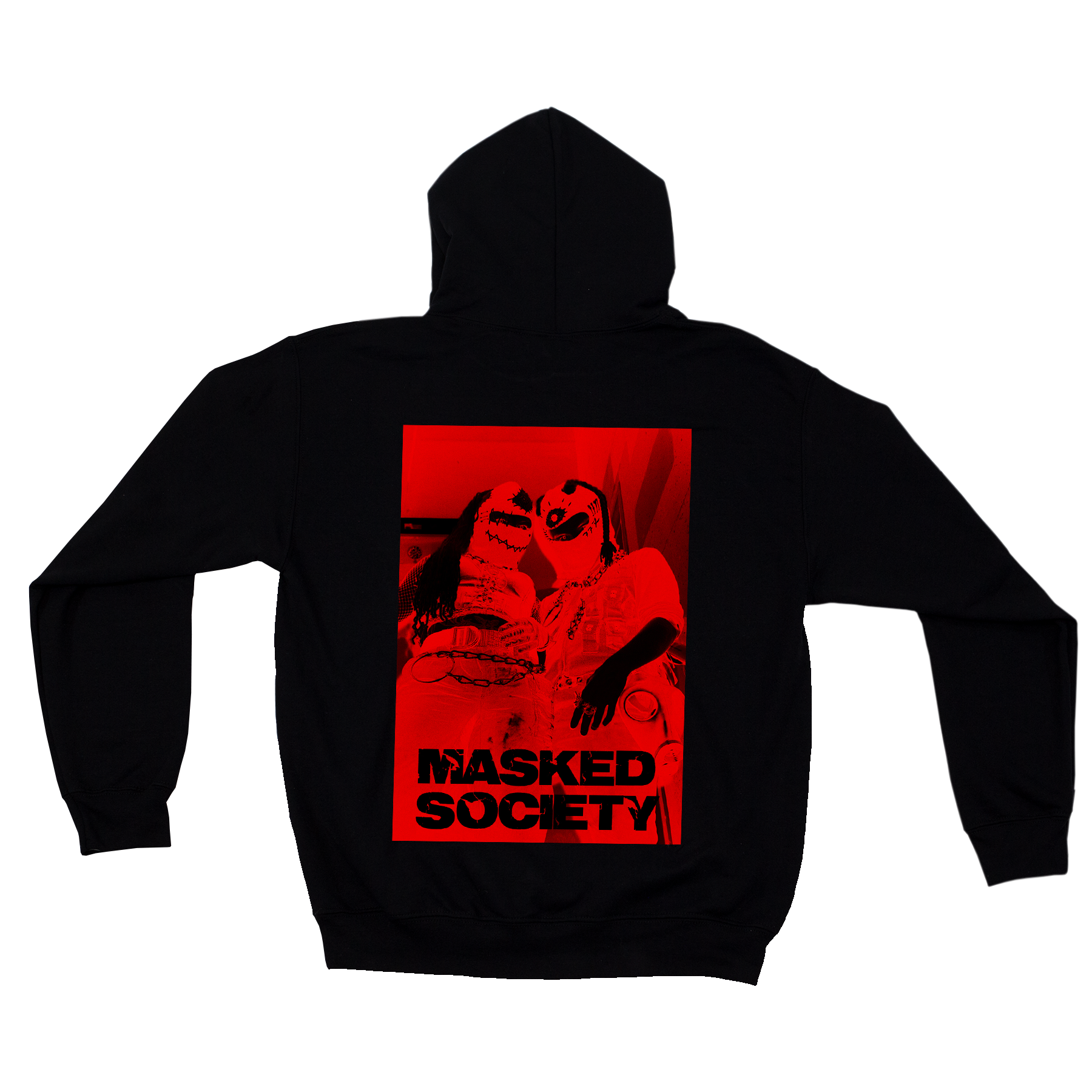 Black hoodie with a red graphic and 'Masked Society' text on the back