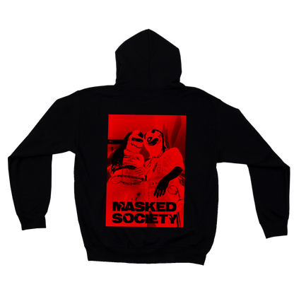 Black hoodie with a red graphic and 'Masked Society' text on the back