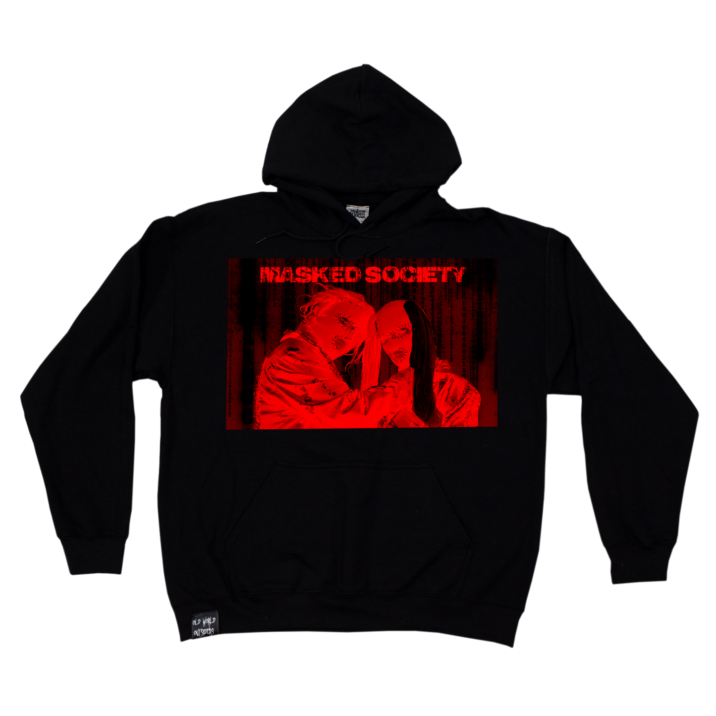 Black hoodie with a red graphic design and 'Masked Society' text on a white background