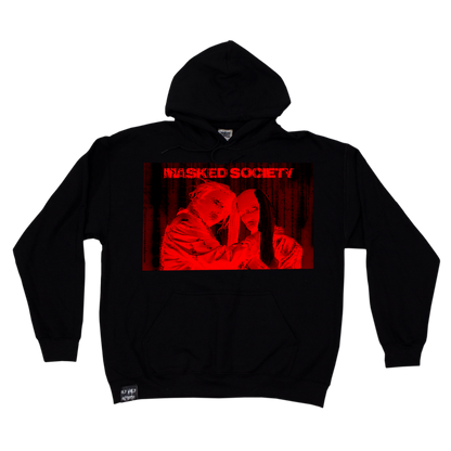 Black hoodie with a red graphic design and 'Masked Society' text on a white background