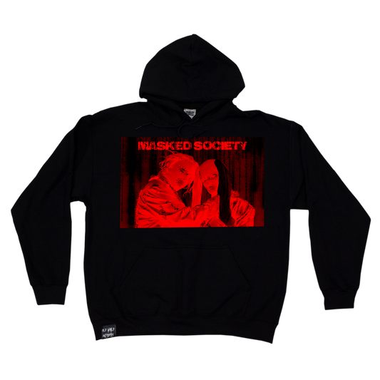 Black hoodie with a red graphic design and 'Masked Society' text on a white background