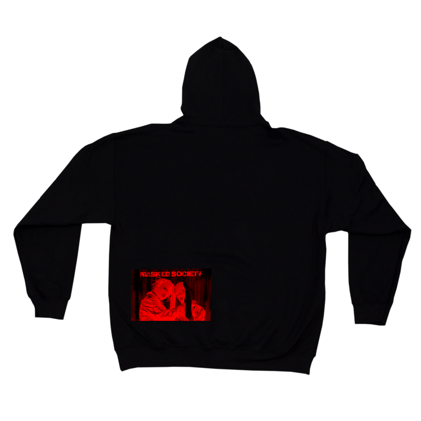 Black hoodie with a red graphic on the back against a white background