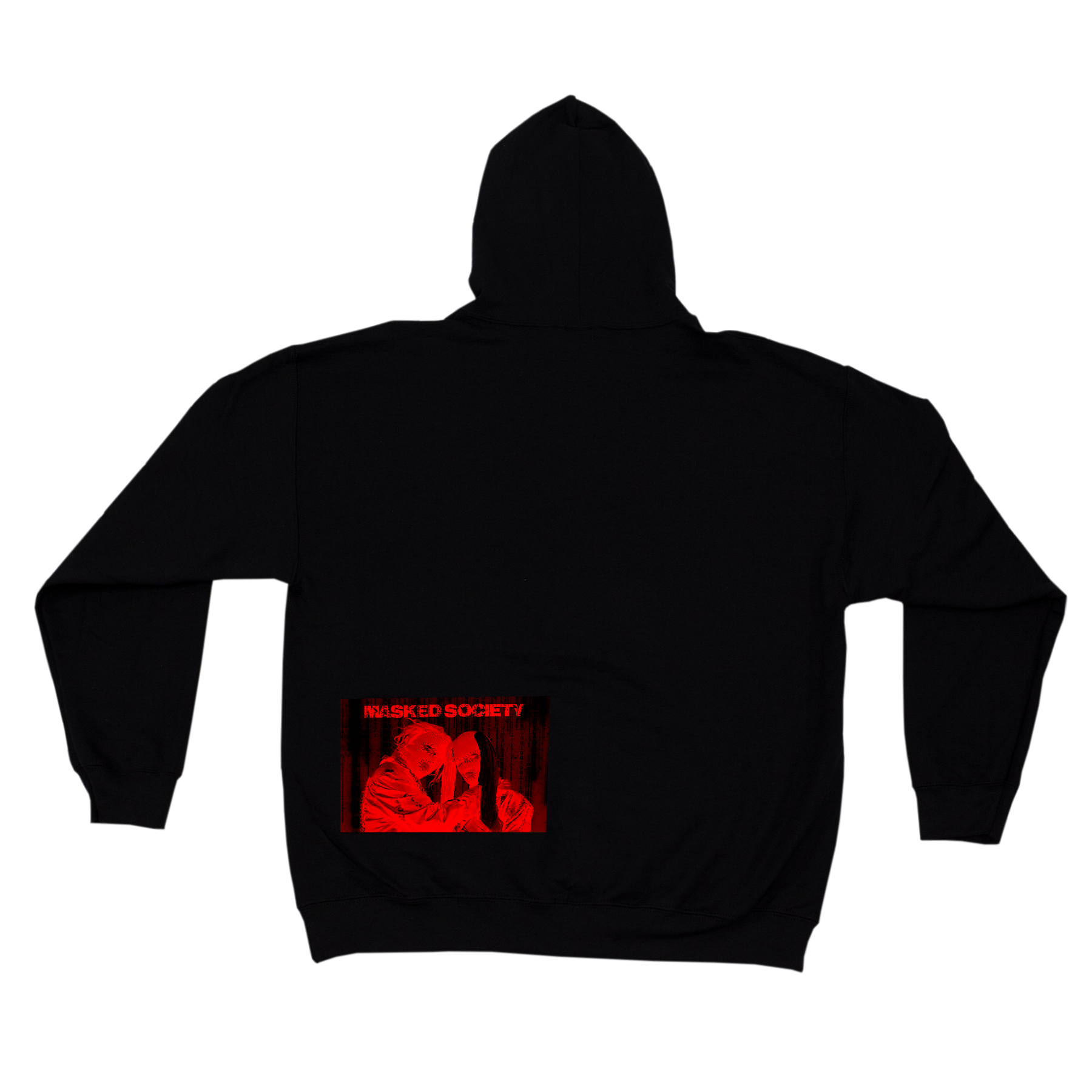 Black hoodie with a red graphic on the back against a white background