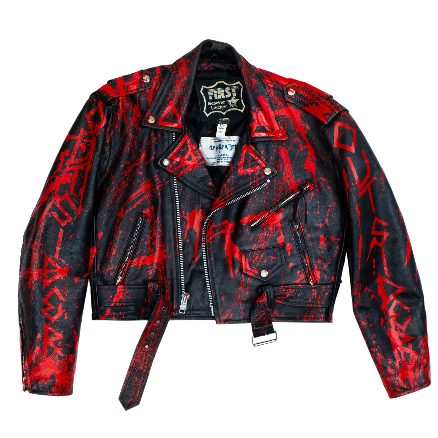 Black leather jacket with red geometric patterns on a white background