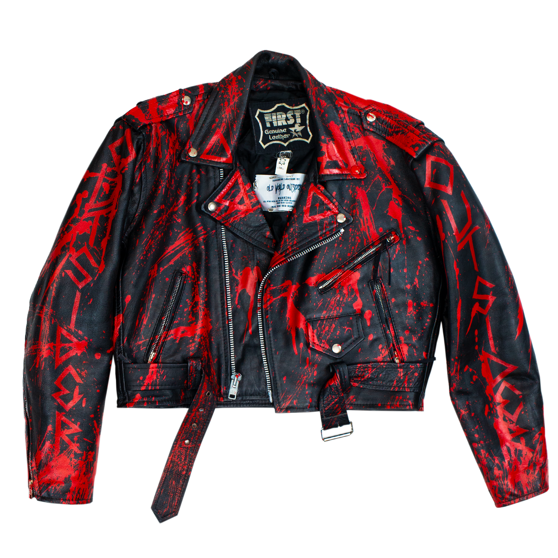 Black leather jacket with red geometric patterns on a white background