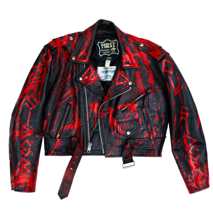 Black leather jacket with red geometric patterns on a white background