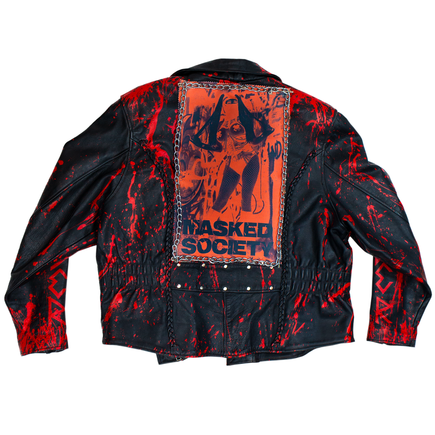 Black jacket with red splatter design and 'Masked Society' graphic on a white background