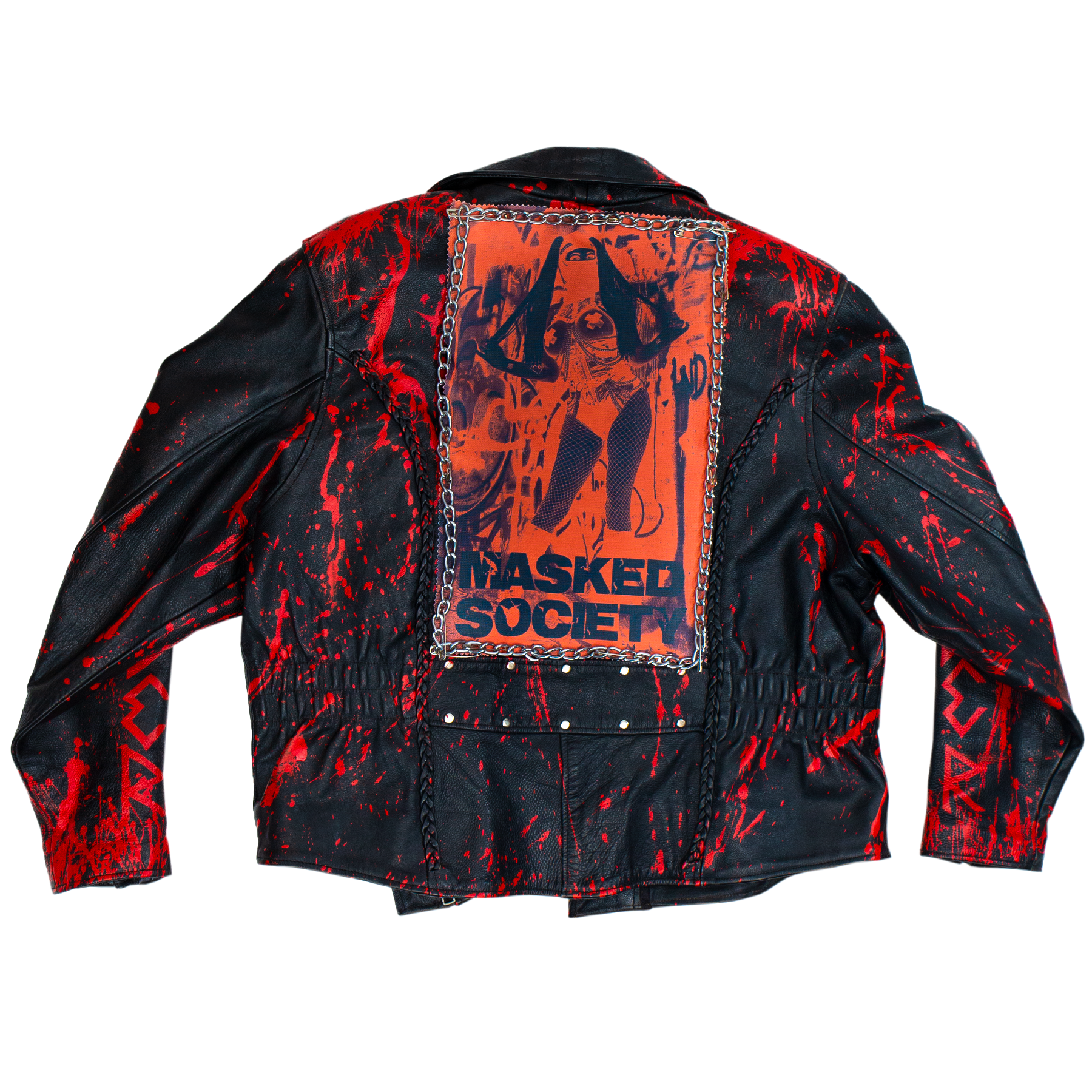 Black jacket with red splatter design and 'Masked Society' graphic on a white background