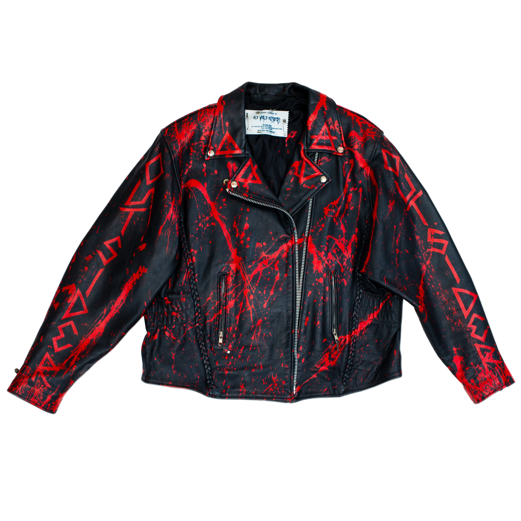 Black jacket with red blood splatter patterns on a white background