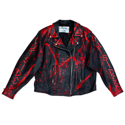 Black jacket with red blood splatter patterns on a white background