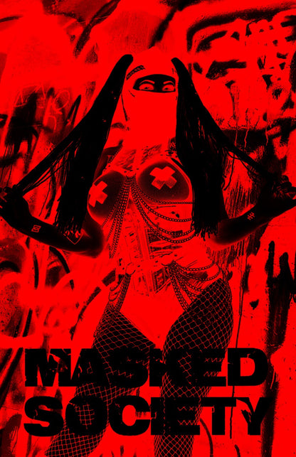 Red-themed poster with text 'Masked Society' and abstract designs.
