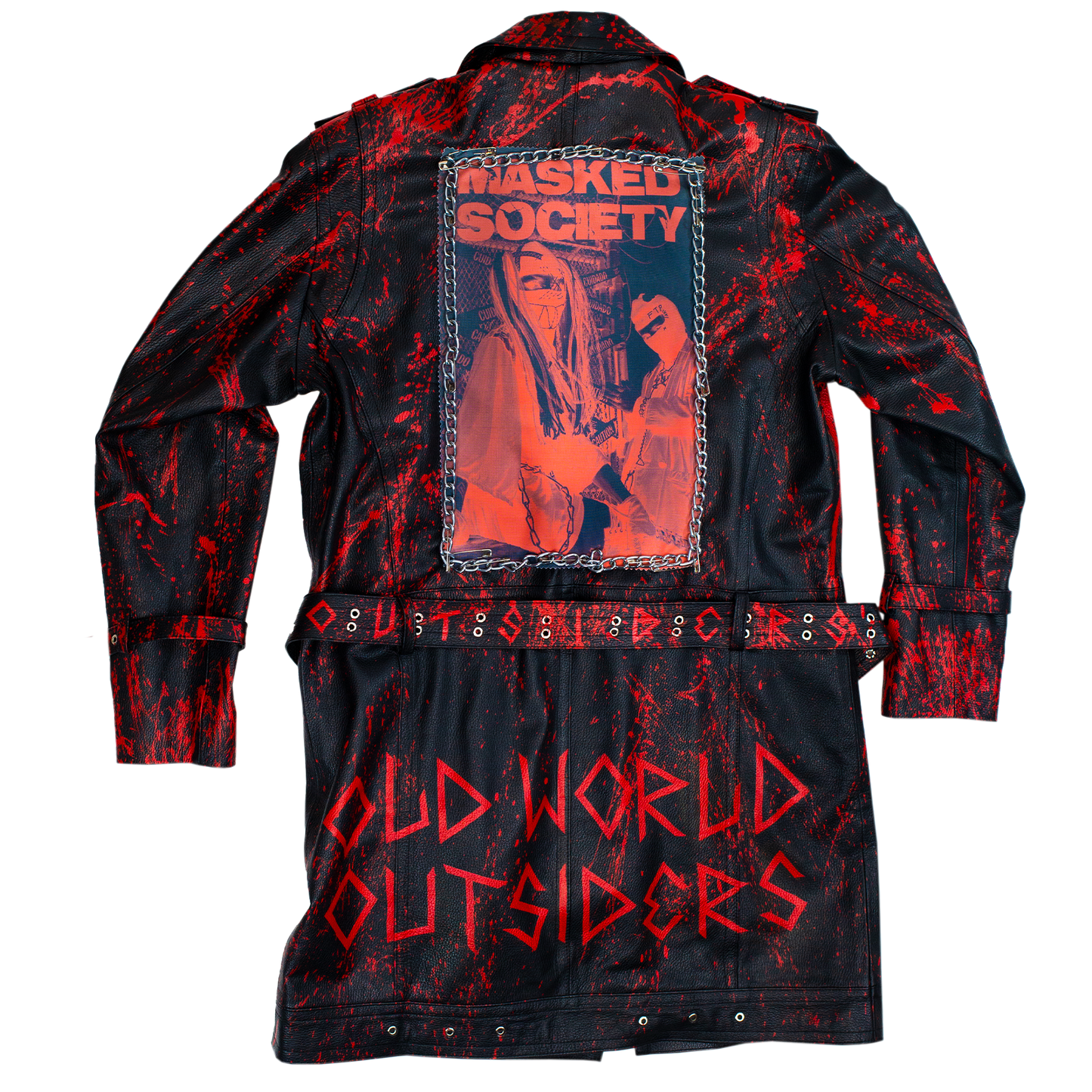Black and red distressed jacket with 'Masked Society' and 'Old World Outsiders' text on a white background