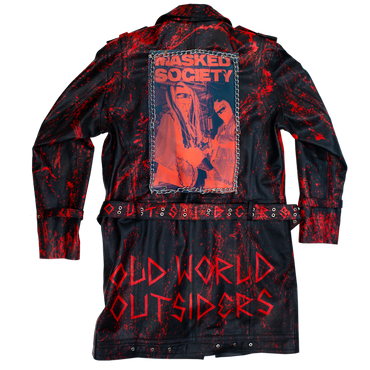 Black and red distressed jacket with 'Masked Society' and 'Old World Outsiders' text on a white background