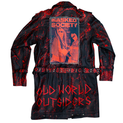 Black and red distressed jacket with 'Masked Society' and 'Old World Outsiders' text on a white background