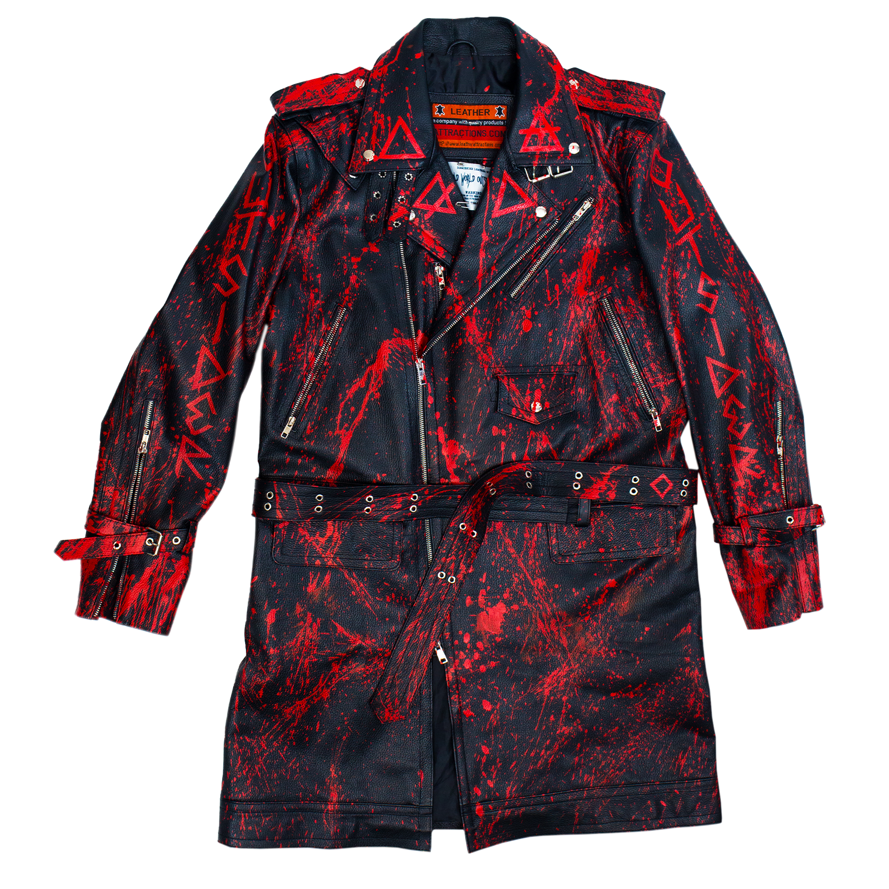 Black leather coat with red blood splatter patterns gore fashion