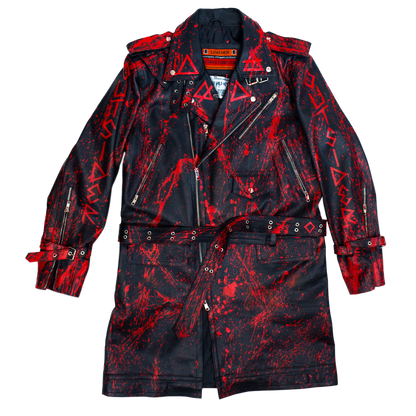 Black leather coat with red blood splatter patterns gore fashion