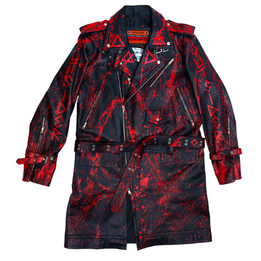 Black leather coat with red blood splatter patterns gore fashion