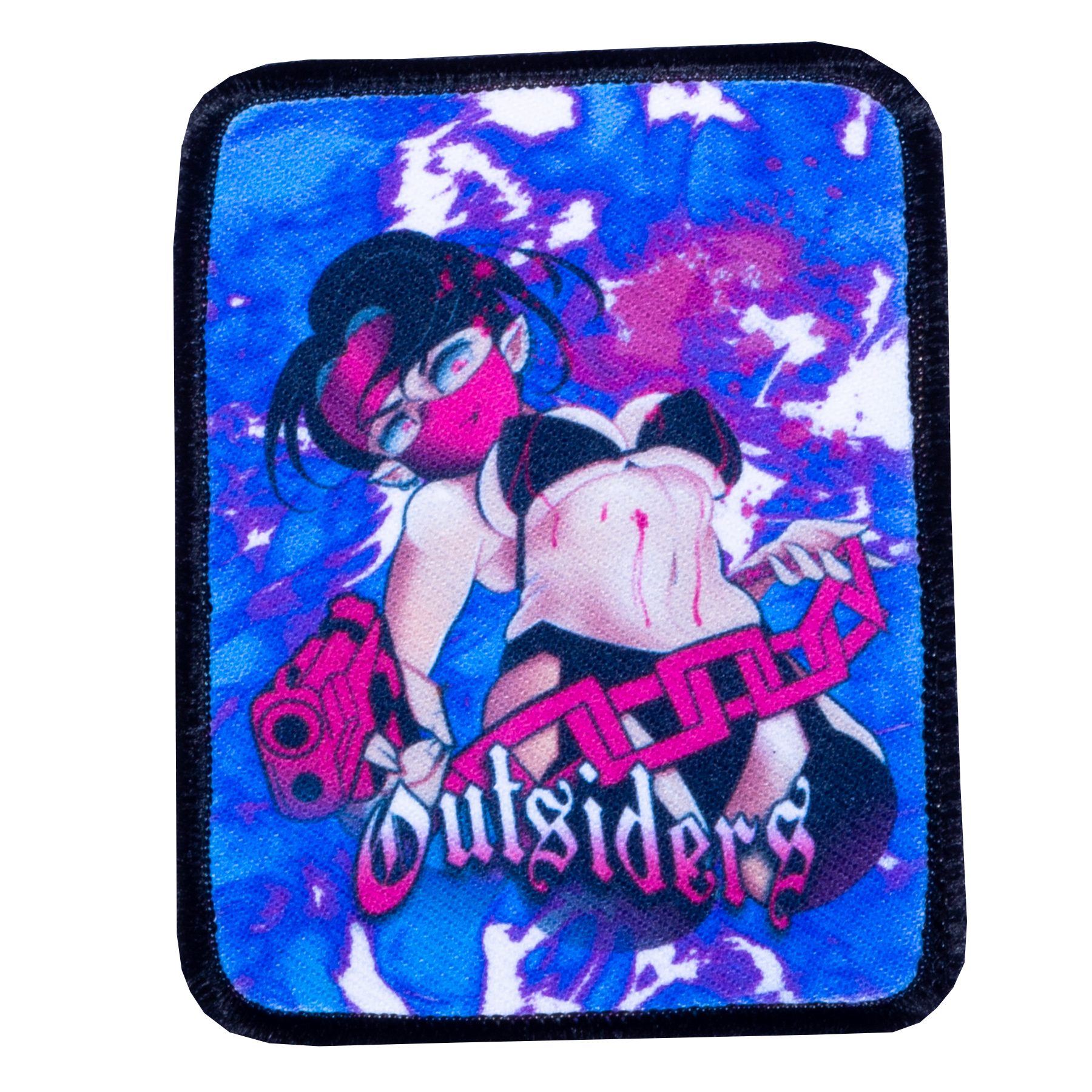 Patch with an anime character holding a gun and 'Outsiders' text on a blue and pink background