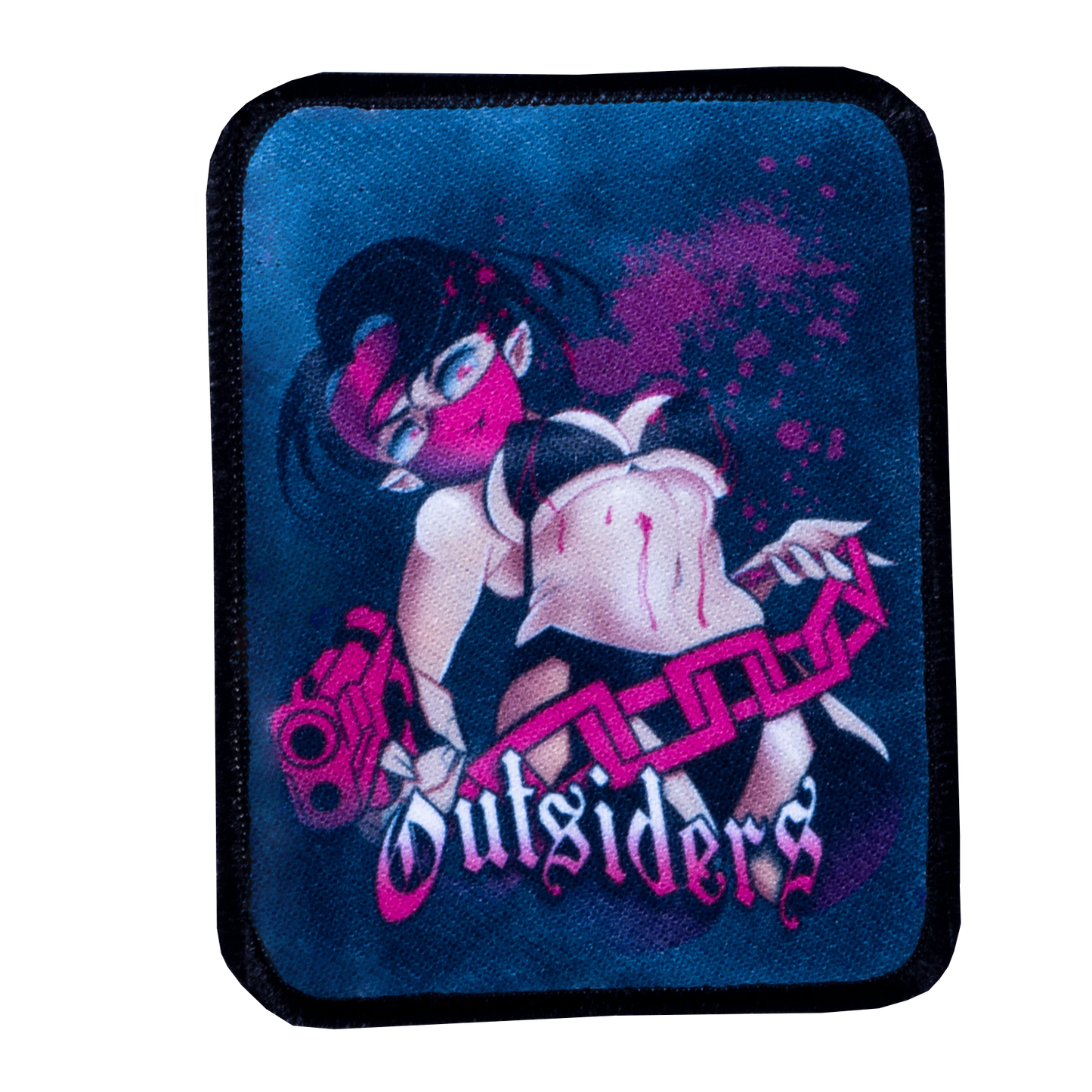 Patch with anime character holding a gun and 'Outsiders' text on a blue background
