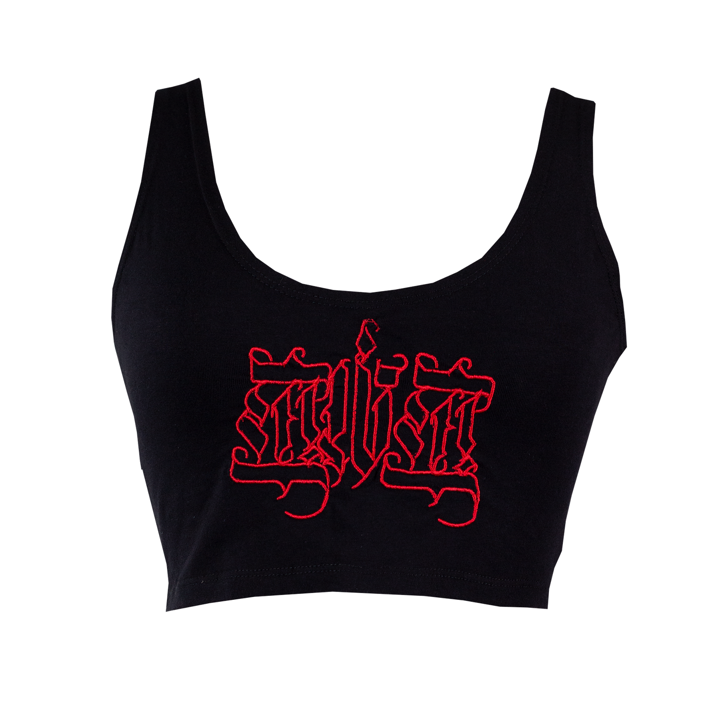 Black crop top with red graphic design on a white background