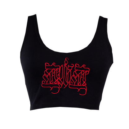 Black crop top with red graphic design on a white background