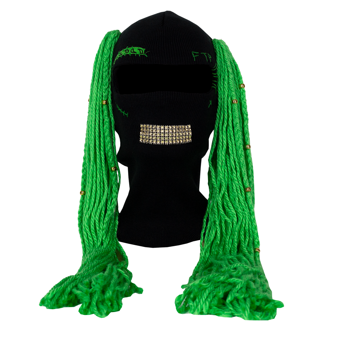 Black beanie with green braided extensions on a mannequin head against a white background