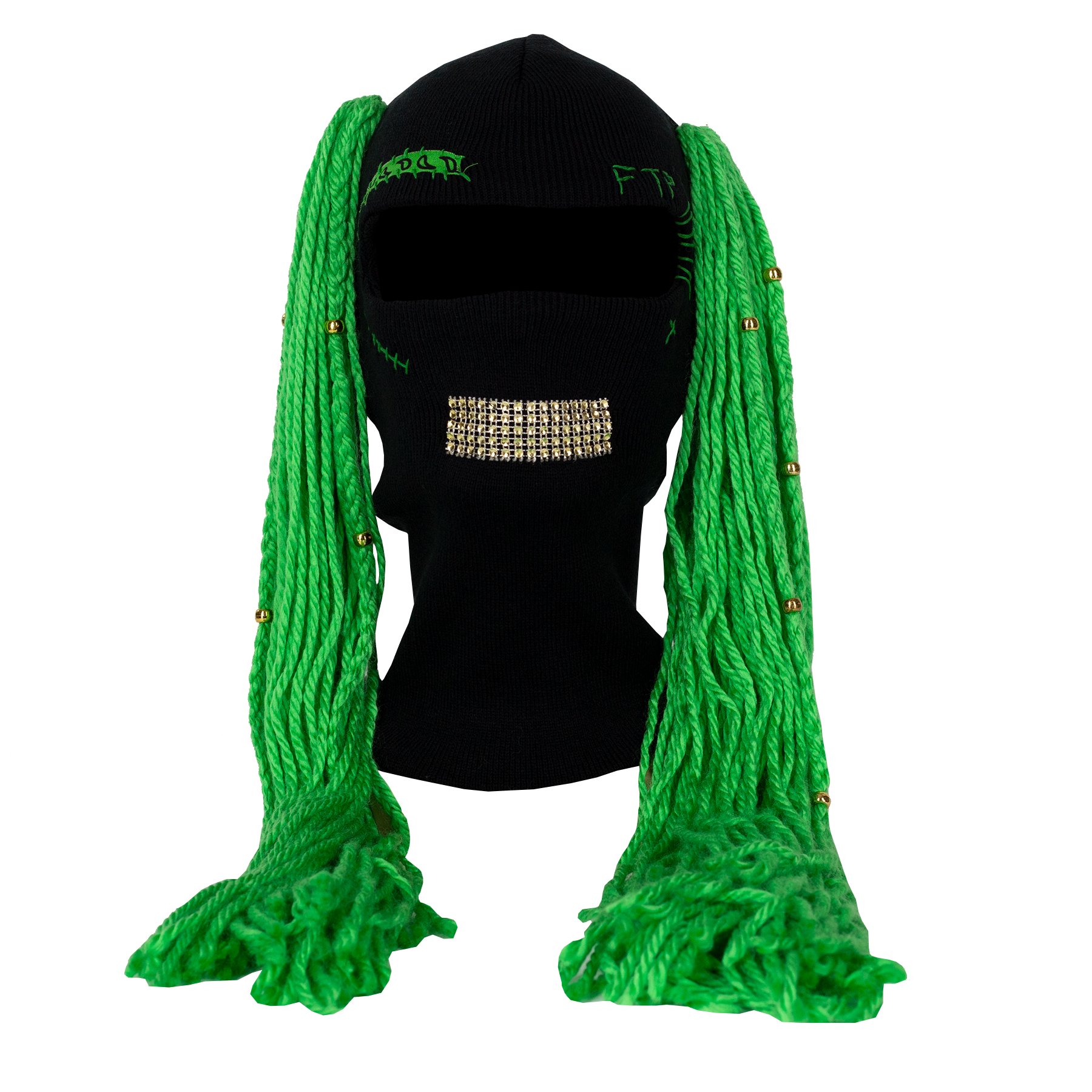 Black beanie with green braided extensions on a mannequin head against a white background