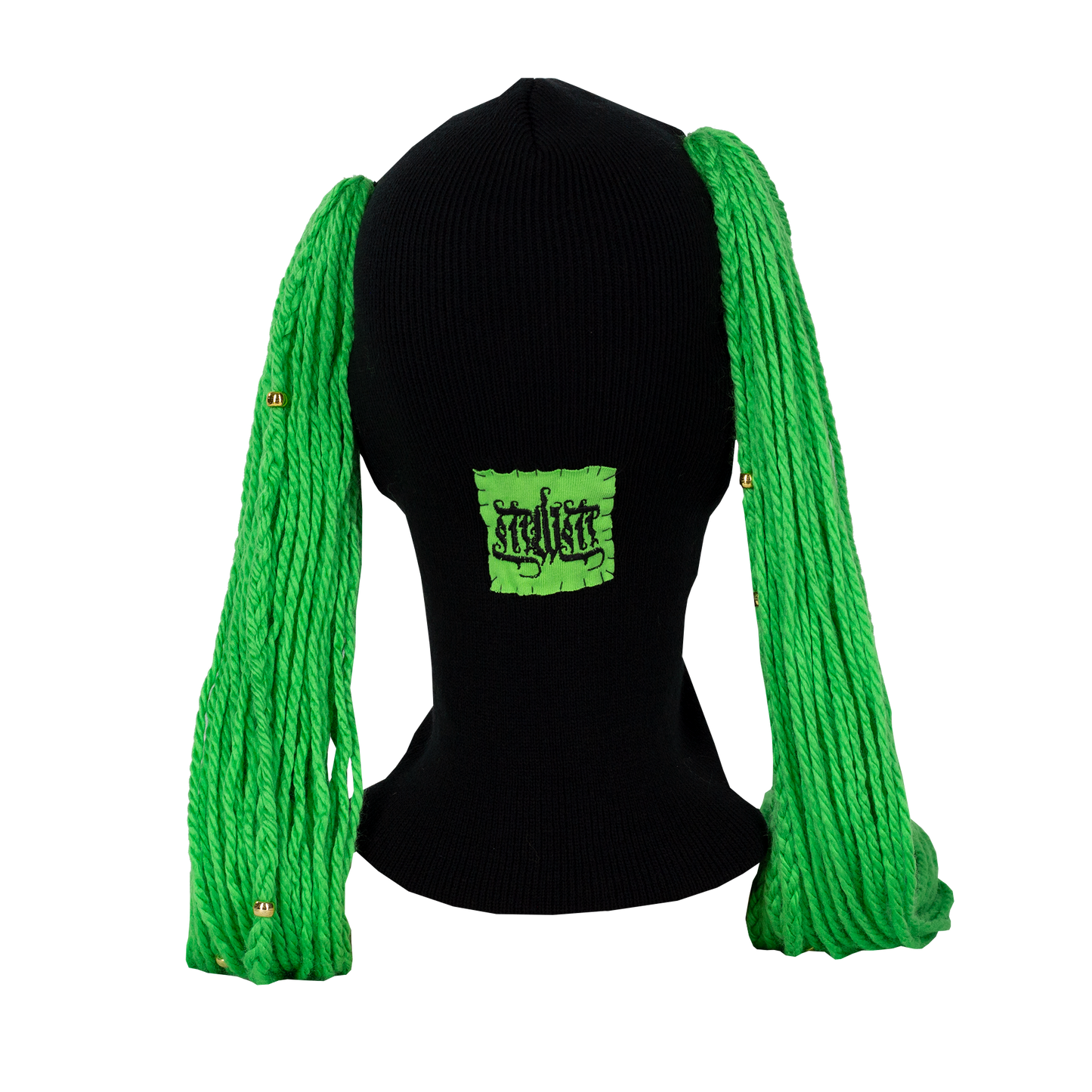 Black ski mask balaclava with green logo on a mannequin head, surrounded by green braided hair on a white background