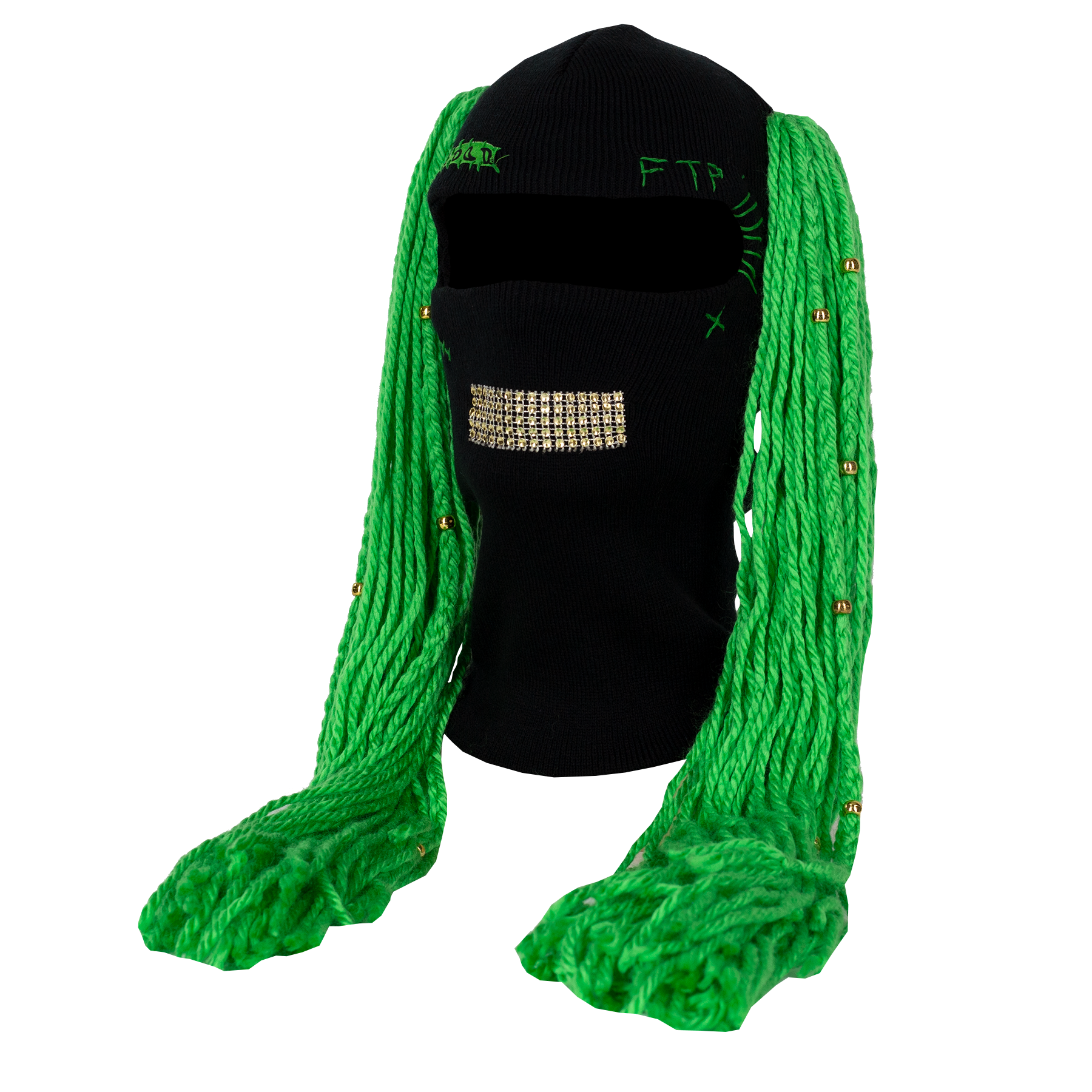 Black beanie skinmask with green yarn hair extensions on a white background