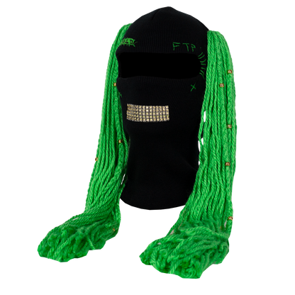 Black beanie skinmask with green yarn hair extensions on a white background