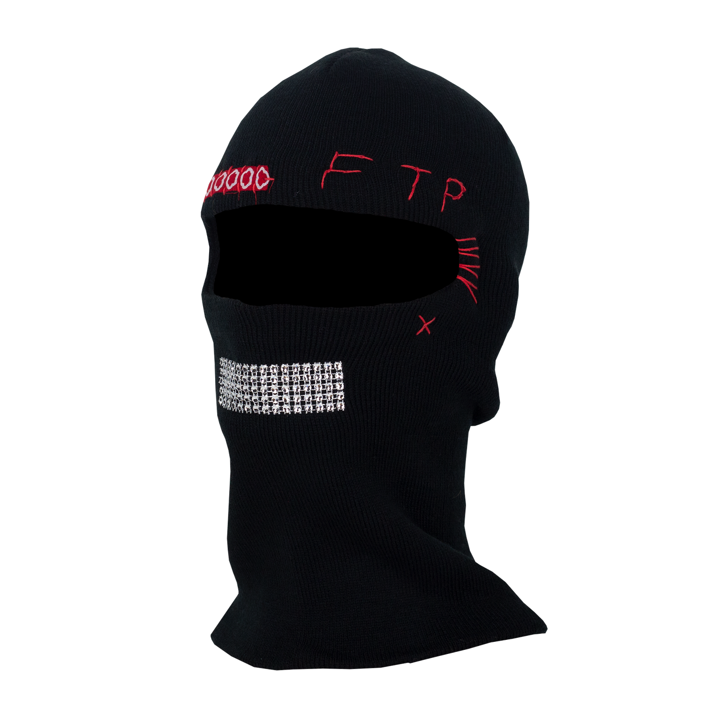 Black balaclava with red and white text on a white background