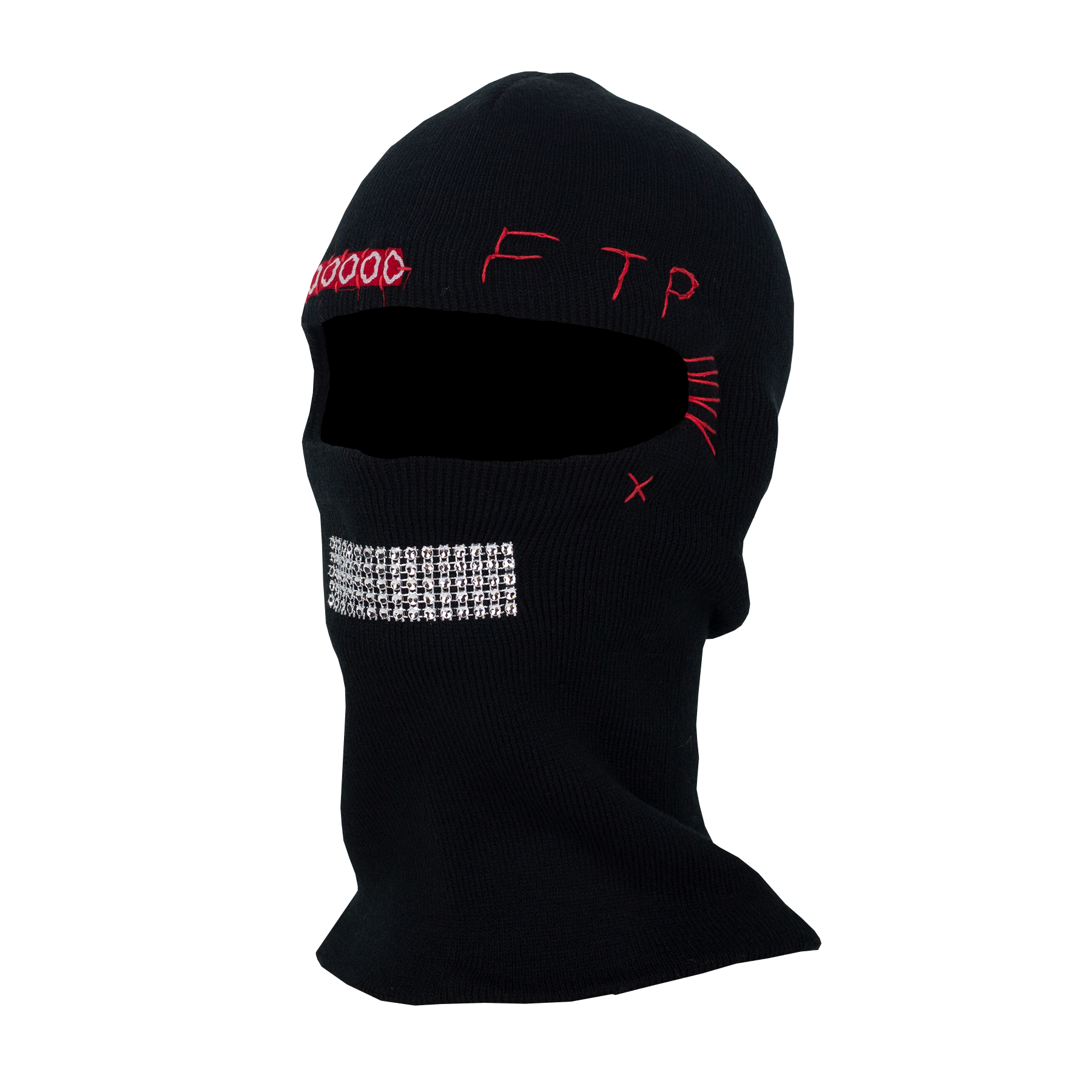 Black balaclava with red and white text on a white background