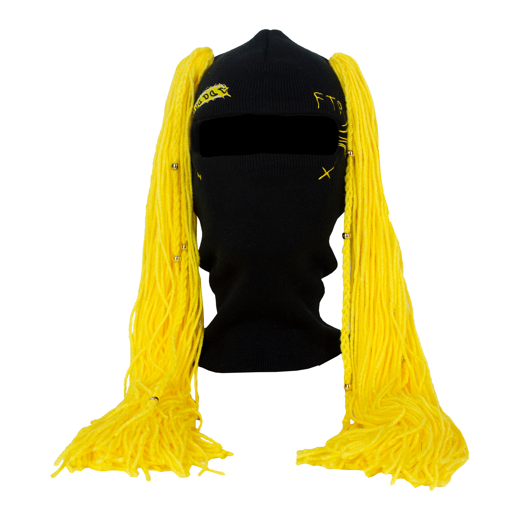 Black beanie ski mask with yellow pigtails on a white background