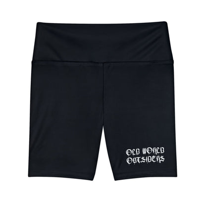 Black shorts with 'Old World Outsiders' text on a white background
