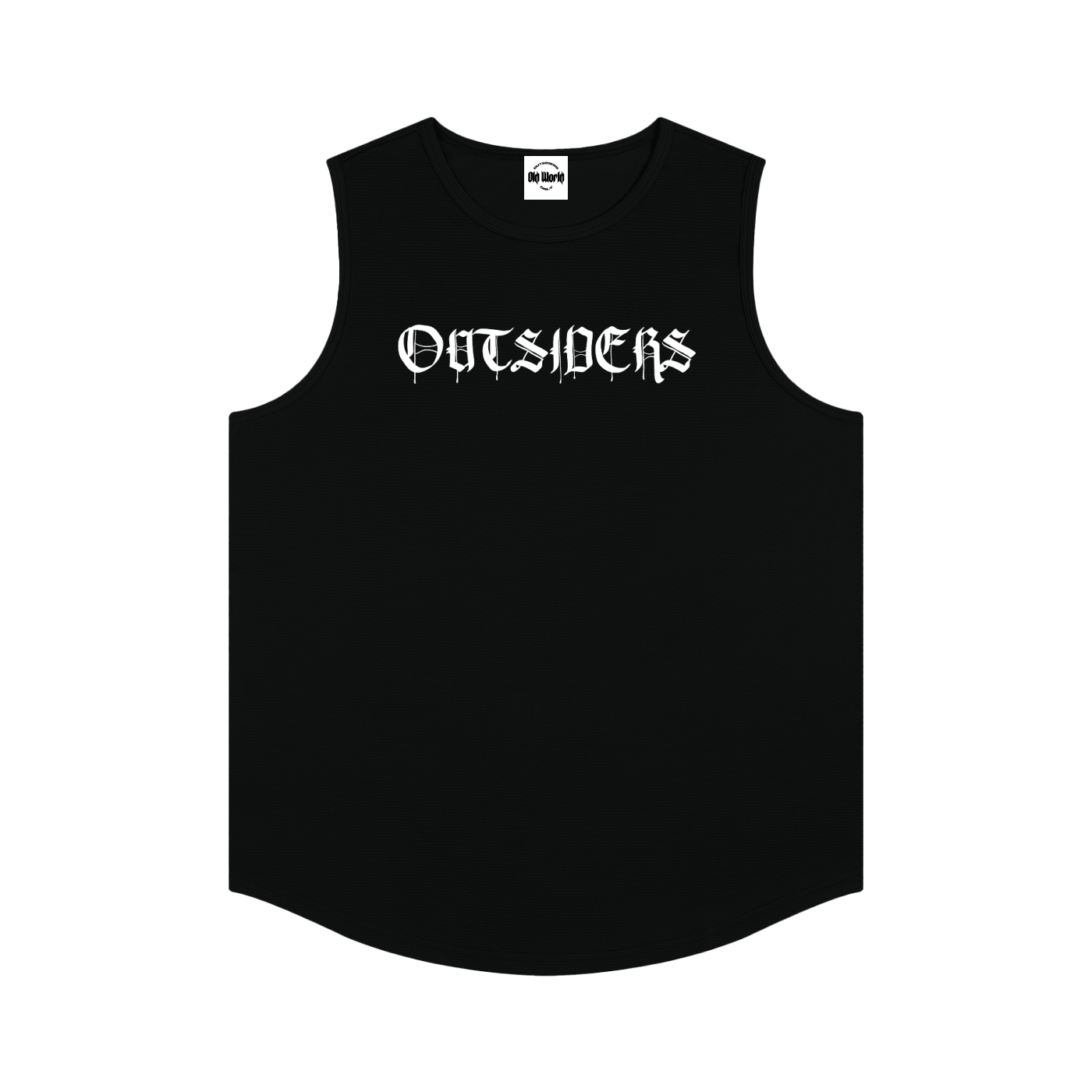 Black sleeveless shirt with 'OUTSIDERS' text on a white background