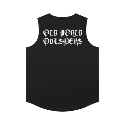 Black sleeveless shirt with 'Old World Outsiders' text on a white background