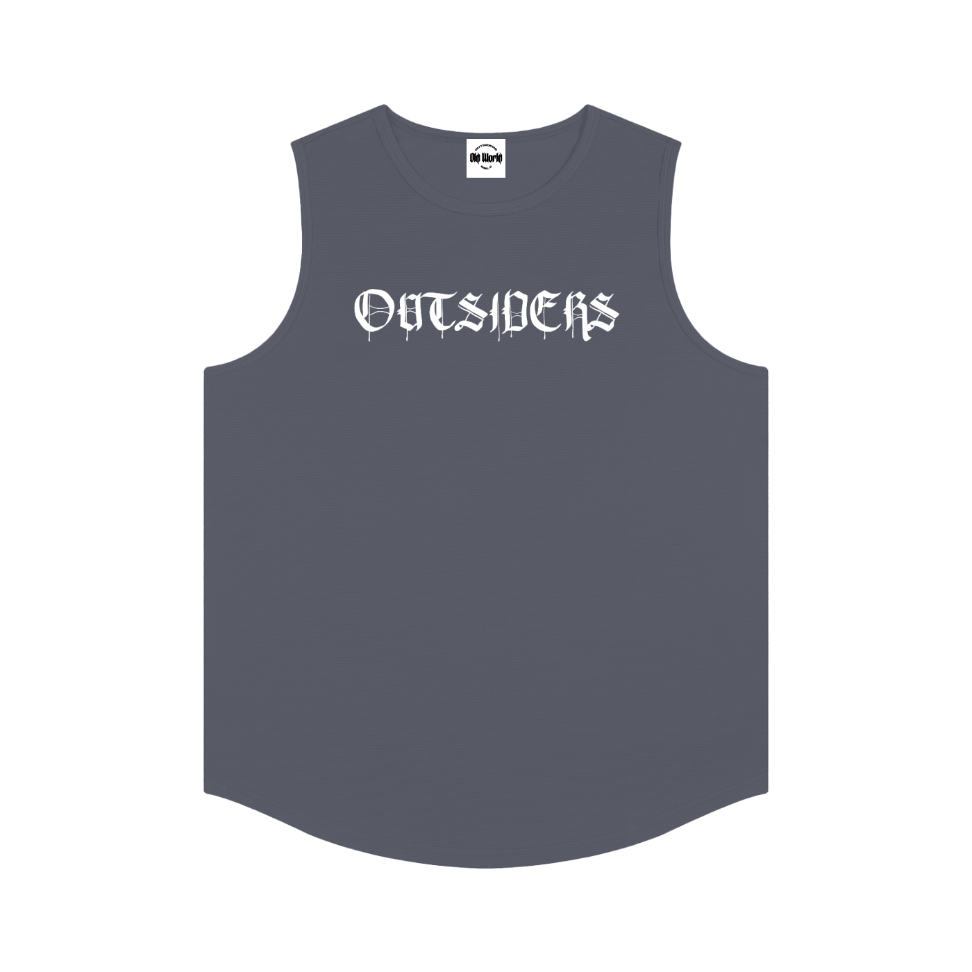 Gray sleeveless shirt with 'OUTSIDERS' text on a white background